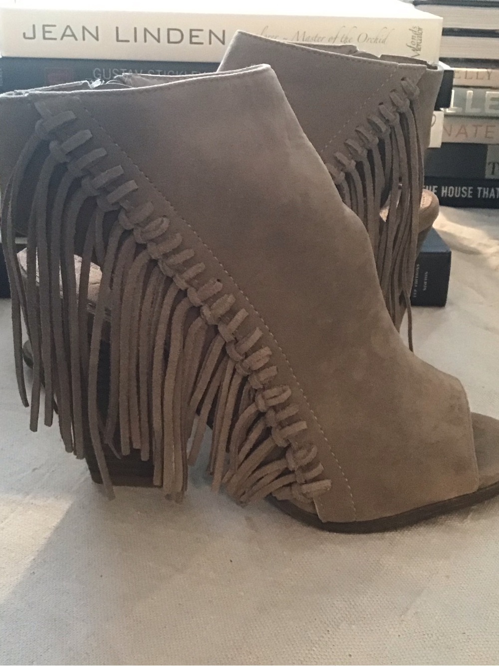 Rampage Taupe Fringe Suede Peep-Toe Block Heel Mules